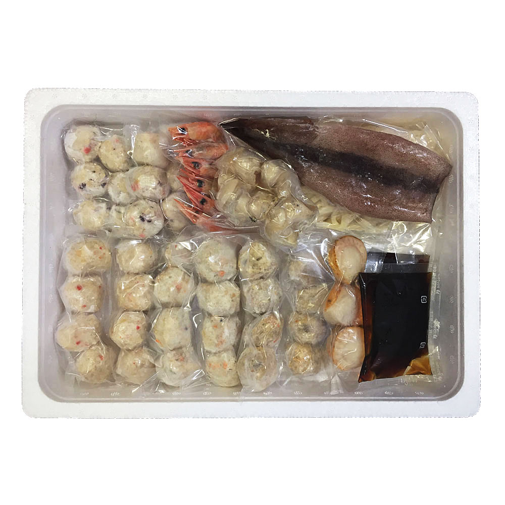 北海道　Dセット(かに入×8、えび入×8、とりごぼう×8、たこ入×12、海老×6、帆立×3、いか×1、つぶ×1袋、冷凍うどん×1)　海鮮つみれ鍋　特産品・食品のネット卸・仕入れはシイレル