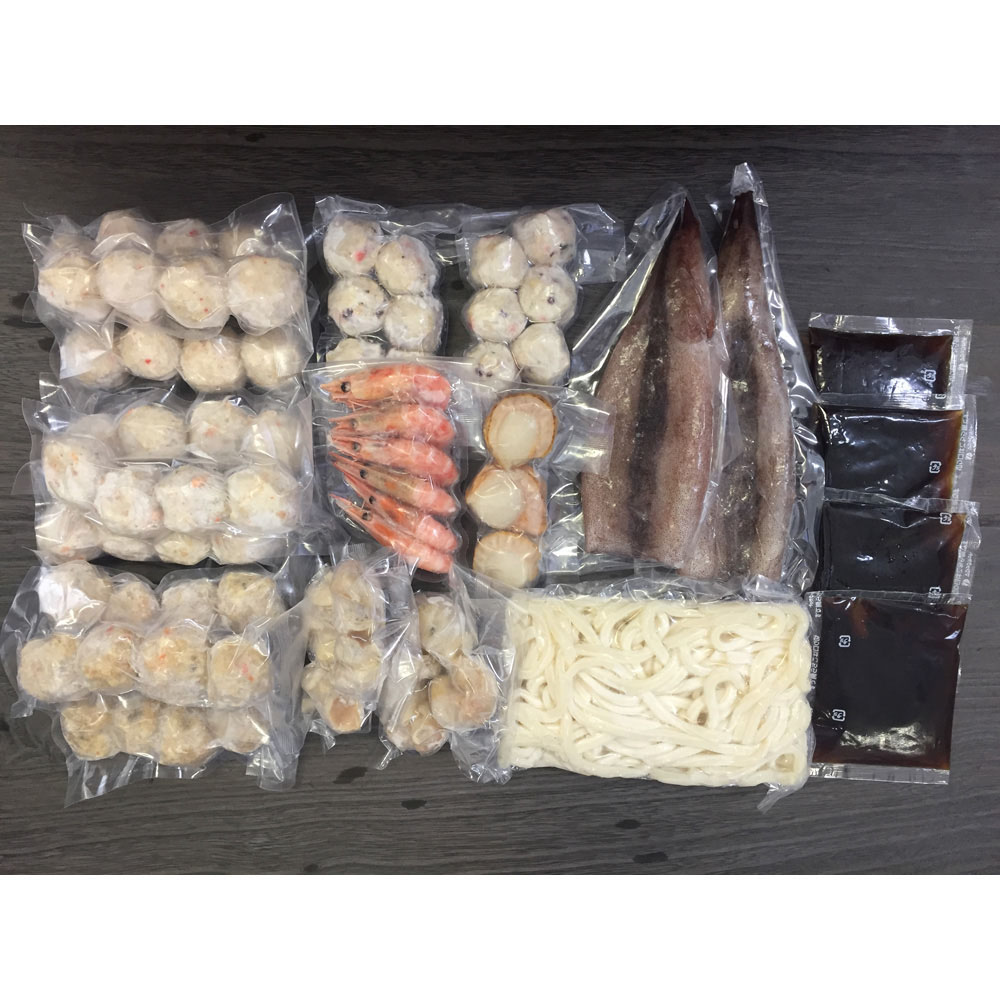 Fセット(かに入×12、えび入×12、とりごぼう×12、たこ入×12、海老×6、帆立×3、いか×2、つぶ×2袋、冷凍うどん×1)　特産品・食品のネット卸・仕入れはシイレル　北海道　海鮮つみれ鍋