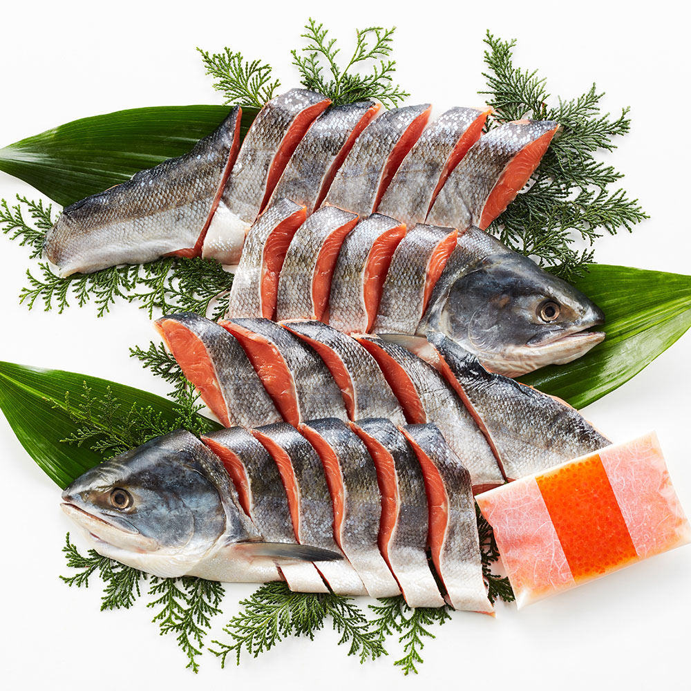 北海道産 新巻鮭＆いくら親子セット B (切身半身 700g×2・いくら醤油漬 100g) 特産品・食品のネット卸・仕入れはシイレル
