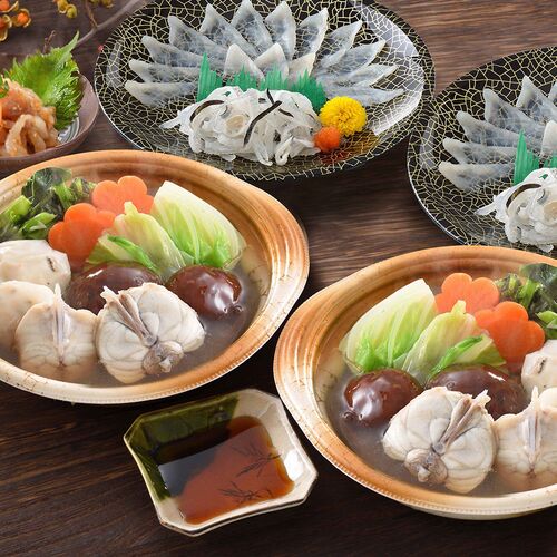 「関とら本店」 とらふく刺身・とらふくちり個食鍋セット （とらふぐちり鍋300g×2、とらふぐ刺身15g×2、とらふぐ皮20g×2、とらふぐ塩辛60g） / ふく ふぐ フグ てっさ てっちり 送料無料