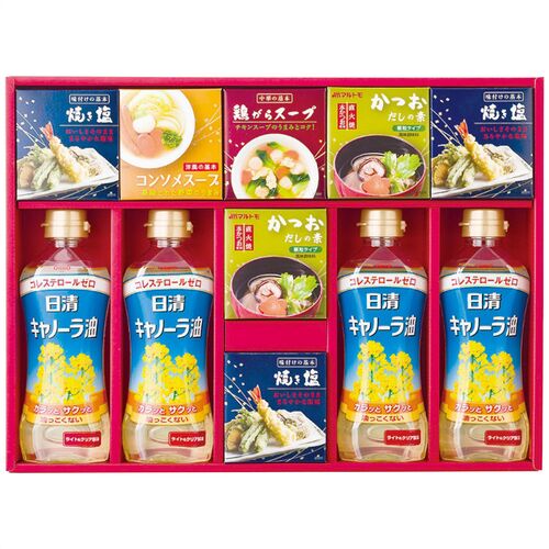 バラエティ調味料ギフト AP-DO 4226-054 (キャノーラ油4本、かつおだしの素2箱、焼き塩3箱、鶏がらスープ、コンソメスープ各1箱) / 詰め合わせ セット 送料無料