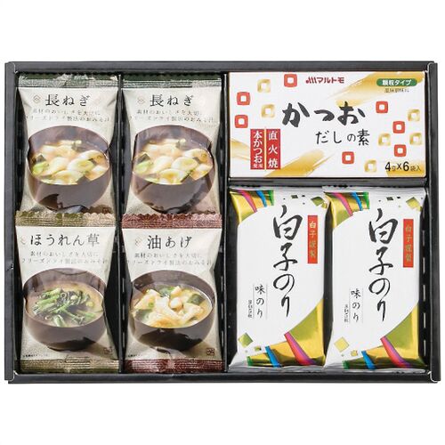 美味心 和風バラエティギフト EM-AE 4227-018 (味噌汁(油あげ、ほうれん草各1個、長ねぎ2個)、かつおだしの素1個、白子のり味のり2個) / 味噌汁 インスタント 詰め合わせ セット 送料無料