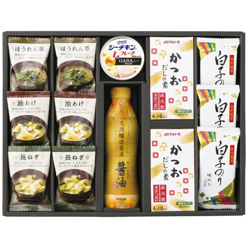 美味心 和風バラエティギフト EM-CON 4227-044 (味噌汁(油あげ、ほうれん草、長ねぎ)、かつおだしの素各2個、醤油1本、白子のり味のり3個、Lフレーク1缶) / 味噌汁 インスタント 詰め合わせ セット 送料無料