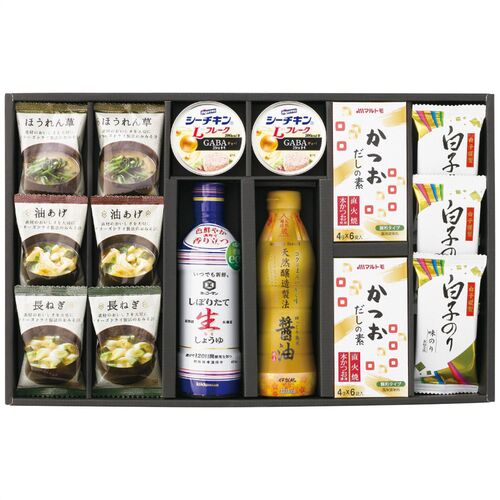 美味心 和風バラエティギフト EM-DON 4227-056 (味噌汁(油あげ、ほうれん草、長ねぎ)、かつおだしの素各2個、生しょうゆ・醤油各1本、白子のり味のり3個・Lフレーク2缶) / 味噌汁 インスタント 詰め合わせ セット 送料無料
