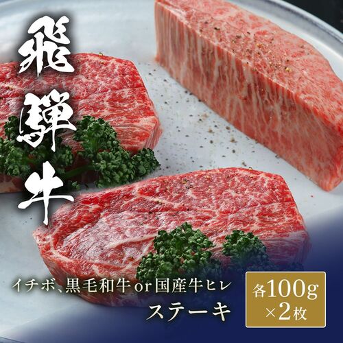 飛騨牛 ステーキ イチボ&黒毛和牛or国産牛ヒレ 100g x 各2枚 / 牛肉 ギフト 送料無料