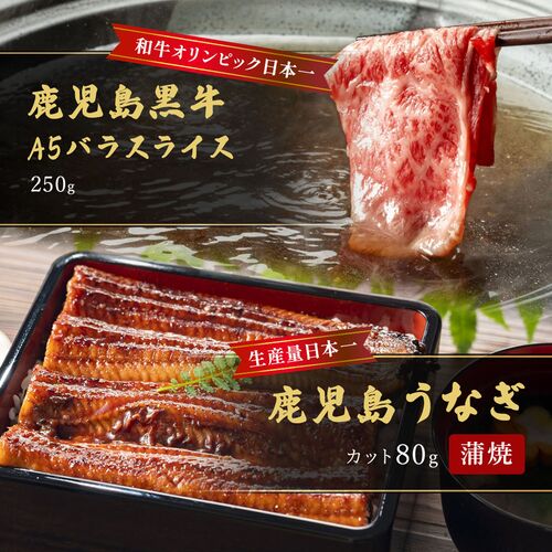 蒲焼うなぎカット済※蒲焼（80g）＋鹿児島和牛・A5バラスライス250g（すきやき・しゃぶしゃぶ用） / 牛肉 鰻 ウナギ セット ギフト 送料無料