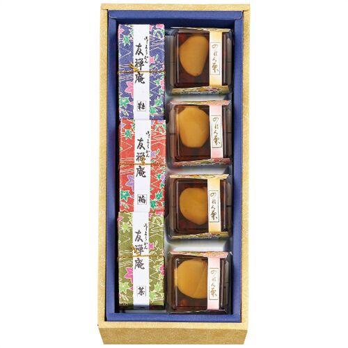 河内駿河屋 花利休 和菓子詰合せ(羊羹(粒・梅・茶各1個)・のれん栗4個) FR-10 1200-059 / 常温 送料無料 ようかん ギフト 詰め合わせ セット