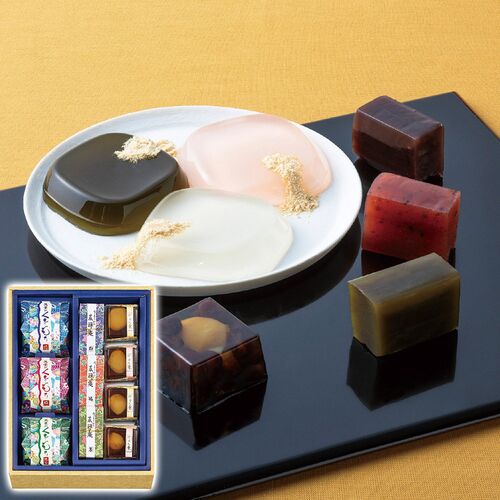 河内駿河屋 花利休 和菓子詰合せ(羊羹(粒・梅・茶)・くずもち(純・桜・抹茶)各1個・のれん栗4個) FR-15 1200-061 / 常温 送料無料 ようかん ギフト 詰め合わせ セット