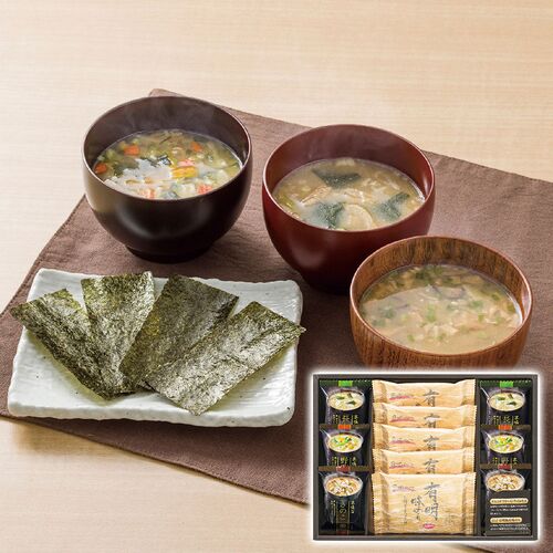 フリーズドライみそ汁＆有明味のりセット（マルコメ京懐石(野菜・きのこ・長ねぎ各2個)・白子有明味のり(8切8枚)5個） NF-BO 1219-072 / 常温 送料無料 味噌汁 海苔 セット
