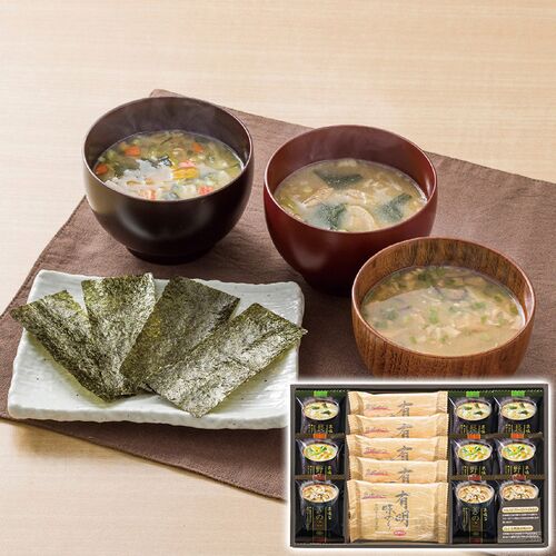 フリーズドライみそ汁＆有明味のりセット（マルコメ京懐石(野菜・きのこ・長ねぎ各3個)・白子有明味のり(8切8枚)5個） NF-BE 1219-084 / 常温 送料無料 味噌汁 海苔 セット