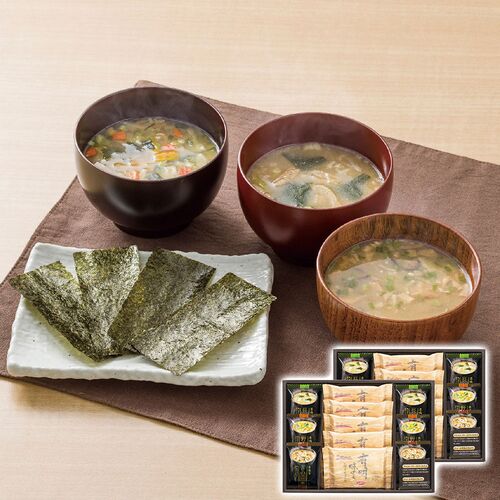 フリーズドライみそ汁＆有明味のりセット（マルコメ京懐石(野菜・きのこ・長ねぎ各4個)・白子有明味のり(8切8枚)10個） NF-DO 1219-109 / 常温 送料無料 味噌汁 海苔 セット
