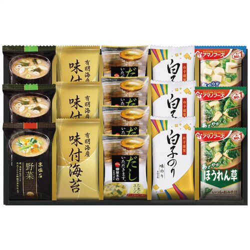 彩 味ノ蔵 フリーズドライバラエティセット（たまごスープ4袋・有明海産味付海苔・白子味のり各3袋・おみそ汁(長ねぎ2袋・野菜1袋)・おみそ汁(ほうれん草2袋・とうふ1袋)） NF-BE 1225-051 / 常温 送料無料 セット