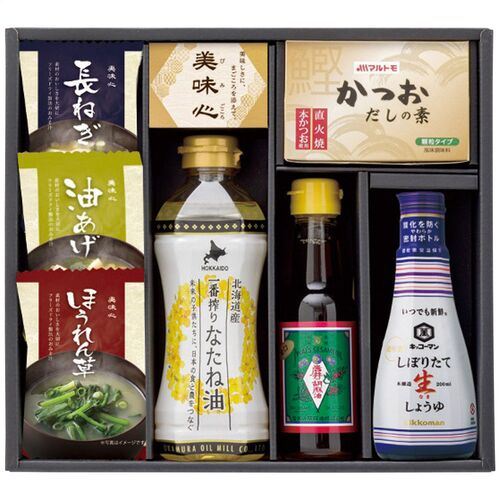 美味心 匠膳の味わい（味噌汁(長ねぎ・油あげ・ほうれん草各1個)・菜種油・しぼりたて生しょうゆ各1本・かつおだしの素1箱・純正胡麻油金口1瓶） SA-BE 1226-027 / 常温 送料無料 セット