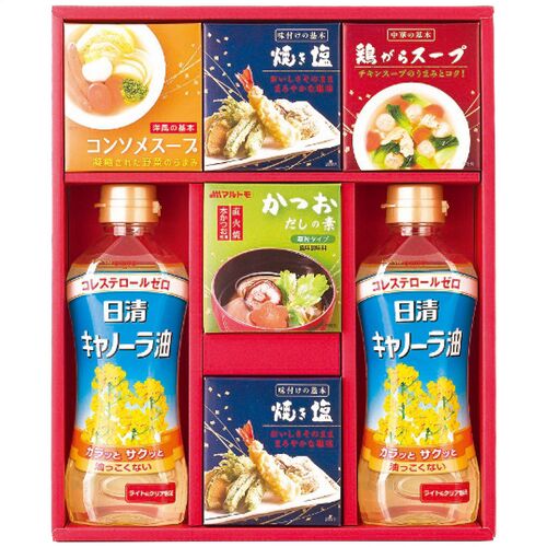 バラエティ調味料ギフト（キャノーラ油2本・かつおだしの素・鶏がらスープ・コンソメスープ各1箱・焼き塩2箱） AP-BE 1227-031 / 常温 送料無料 セット