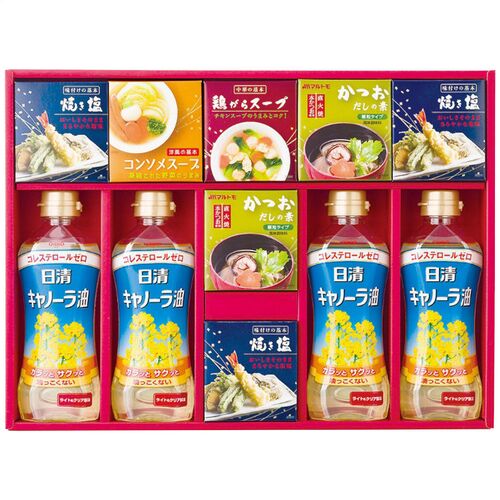 バラエティ調味料ギフト（キャノーラ油4本・かつおだしの素2箱・焼き塩3箱・鶏がらスープ・コンソメスープ各1箱） AP-DO 1227-055 / 常温 送料無料 セット