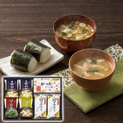 美味心 和風バラエティギフト（味噌汁(油あげ・ほうれん草各1個・長ねぎ×2個)・かつおだしの素1個・白子のり味のり2個） EM-AES 1228-019 / 常温 送料無料 セット