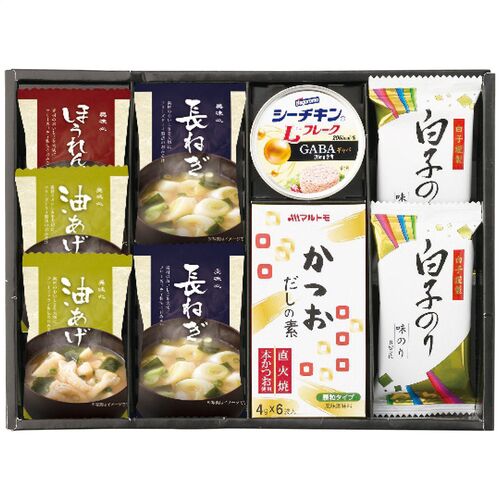 美味心 和風バラエティギフト（味噌汁(油あげ・長ねぎ各2個・ほうれん草1個)・かつおだしの素1個・白子のり味のり2個・シーチキンLフレークgABA入り1缶） EM-BOS 1228-021 / 常温 送料無料 セット