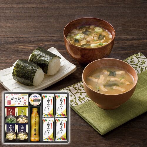 美味心 和風バラエティギフト（味噌汁(油あげ・ほうれん草各1個・長ねぎ2個)・天然醸造醤油1本・白子のり味のり4個・シーチキンLフレークgABA入り1缶・かつおだしの素1個） EM-BES 1228-033 / 常温 送料無料 セット