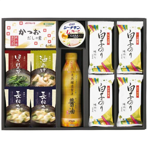 美味心 和風バラエティギフト（味噌汁(油あげ・ほうれん草各1個・長ねぎ2個)・天然醸造醤油1本・白子のり味のり4個・シーチキンLフレークgABA入り1缶・かつおだしの素1個） EM-BES 1228-033 / 常温 送料無料 セット