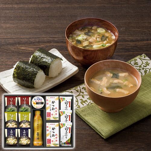 美味心 和風バラエティギフト（味噌汁(油あげ・ほうれん草・長ねぎ)・かつおだしの素各2個・天然醸造醤油1本・白子のり味のり3個・シーチキンLフレークgABA入り×1缶） EM-COS 1228-045 / 常温 送料無料 セット