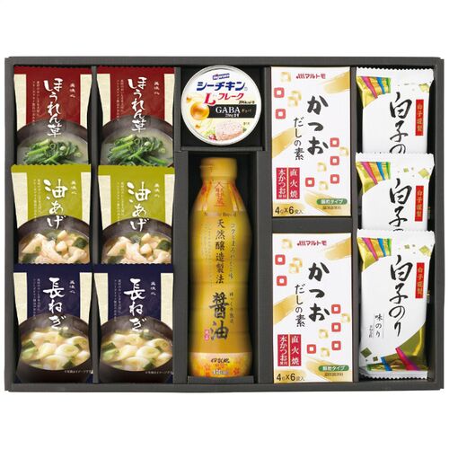 美味心 和風バラエティギフト（味噌汁(油あげ・ほうれん草・長ねぎ)・かつおだしの素各2個・天然醸造醤油1本・白子のり味のり3個・シーチキンLフレークgABA入り×1缶） EM-COS 1228-045 / 常温 送料無料 セット