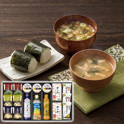美味心 和風バラエティギフト（味噌汁(油あげ・ほうれん草・長ねぎ)・かつおだしの素各2個・しぼりたて生しょうゆ・天然醸造醤油各・キャノーラ油各1本・白子のり味のり3個・シーチキンLフレークgABA入り3缶） EM-EOS 1228-069 / 常温 送料無料 セット