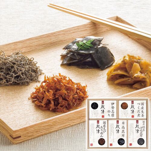 惣菜詰合せ 秋津（国産生姜つくだ煮・伊勢志摩のり・国産絹糸汐吹昆布・日高昆布・国産えびちりめん各1箱） A-30 1237-082 / 常温 送料無料 セット