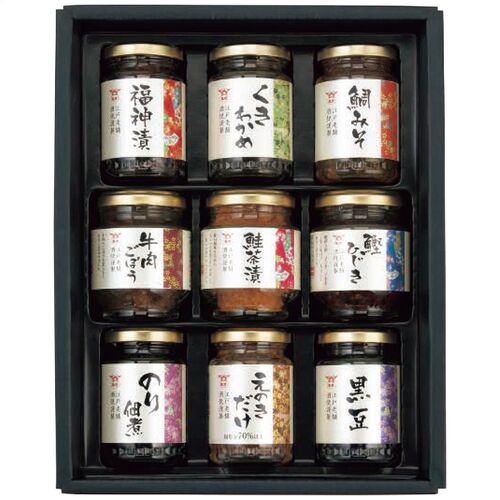 酒悦 山海探幸 佃煮詰合せ（福神漬・くきわかめ・鯛みそ・鰹ひじき・鮭茶漬・牛肉ごぼう・のり佃煮・えのきだけ・黒豆各1瓶） KZ-35 1239-050 / 常温 送料無料 セット