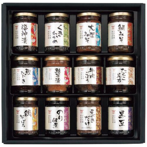 酒悦 山海探幸 佃煮詰合せ（福神漬・くきわかめ・大葉みそ・鯛みそ・鰹ひじき・鮭茶漬・牛肉ごぼう・たらこ昆布・鶏そぼろ・のり佃煮・えのきだけ・黒豆各1瓶） KZ-50 1239-062 / 常温 送料無料 セット