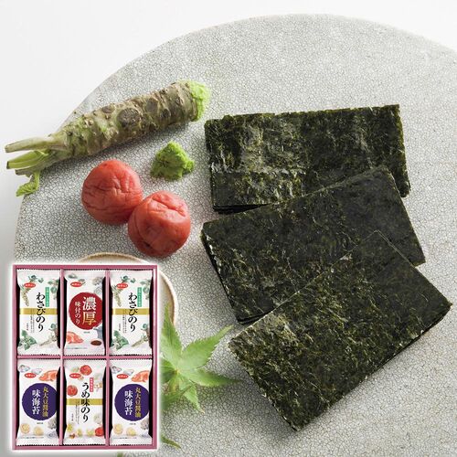 白子のり 味のりバラエティ詰合せ（わさびのり(8切5枚)・丸大豆醤油味のり(8切5枚)各4袋・濃厚味付のり(8切5枚)・うめ味のり(8切5枚)各2袋） MR-250 1249-037 / 常温 送料無料 セット