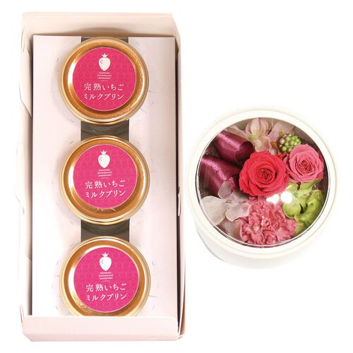 【母の日】 完熟いちごミルクプリン＆プリザーブドフラワー KJ-MPR3PRZ 1854-232 【二重包装不可】《お届け期間：2026年5月8日～2026年5月10日》 / 冷凍 送料無料 セット ギフト プリン プリザーブドフラワー