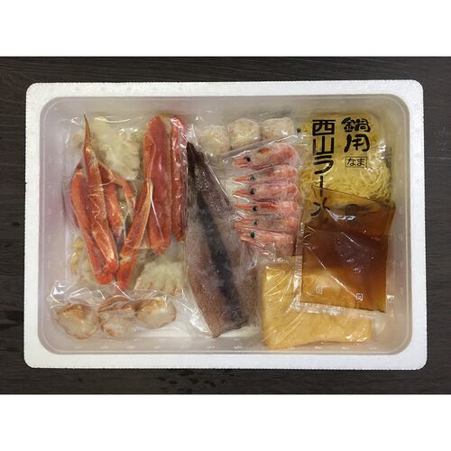 北海鍋（ゆでずわいがにカット×1袋、ボイル海老×6尾、ボイル帆×3個、かに入つみれ×3個、油揚げ×2枚、ツボ抜きいか×1尾、冷凍生ラーメン×1玉、たれ（濃縮：塩仕立て）×2袋） / 冷凍 送料無料 鍋セット