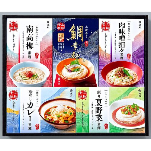 【お中元】奈良 「池利」 5種の味わい三輪素麺 一膳仕立（鯛素麺、肉味噌担々素麺、南高梅素麺、夏野菜素麺、冷やしカレー素麺×各1）《お届け期間：2026年6月15日～2026年8月8日》 / 常温 送料無料 そうめん 詰め合わせ セット